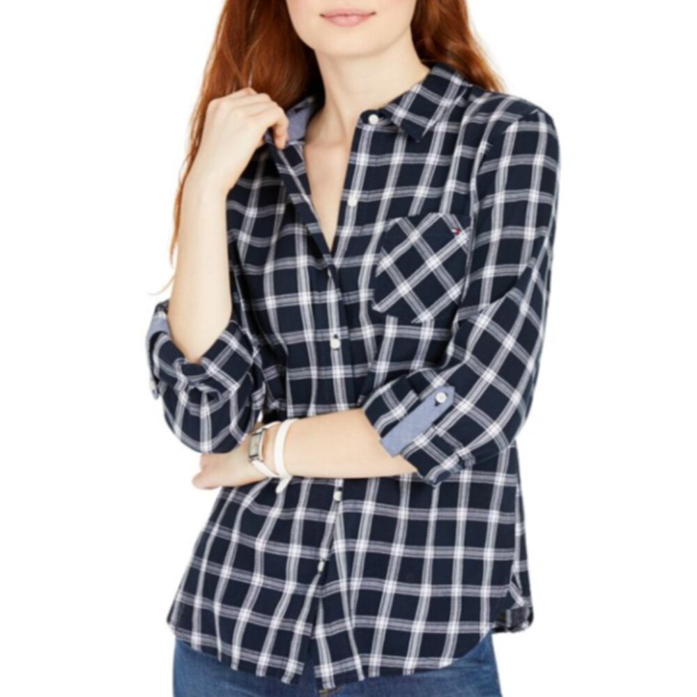 Brand New Women's Tommy Hilfiger Women's Plaid Roll-Tab Button-Down Shirt